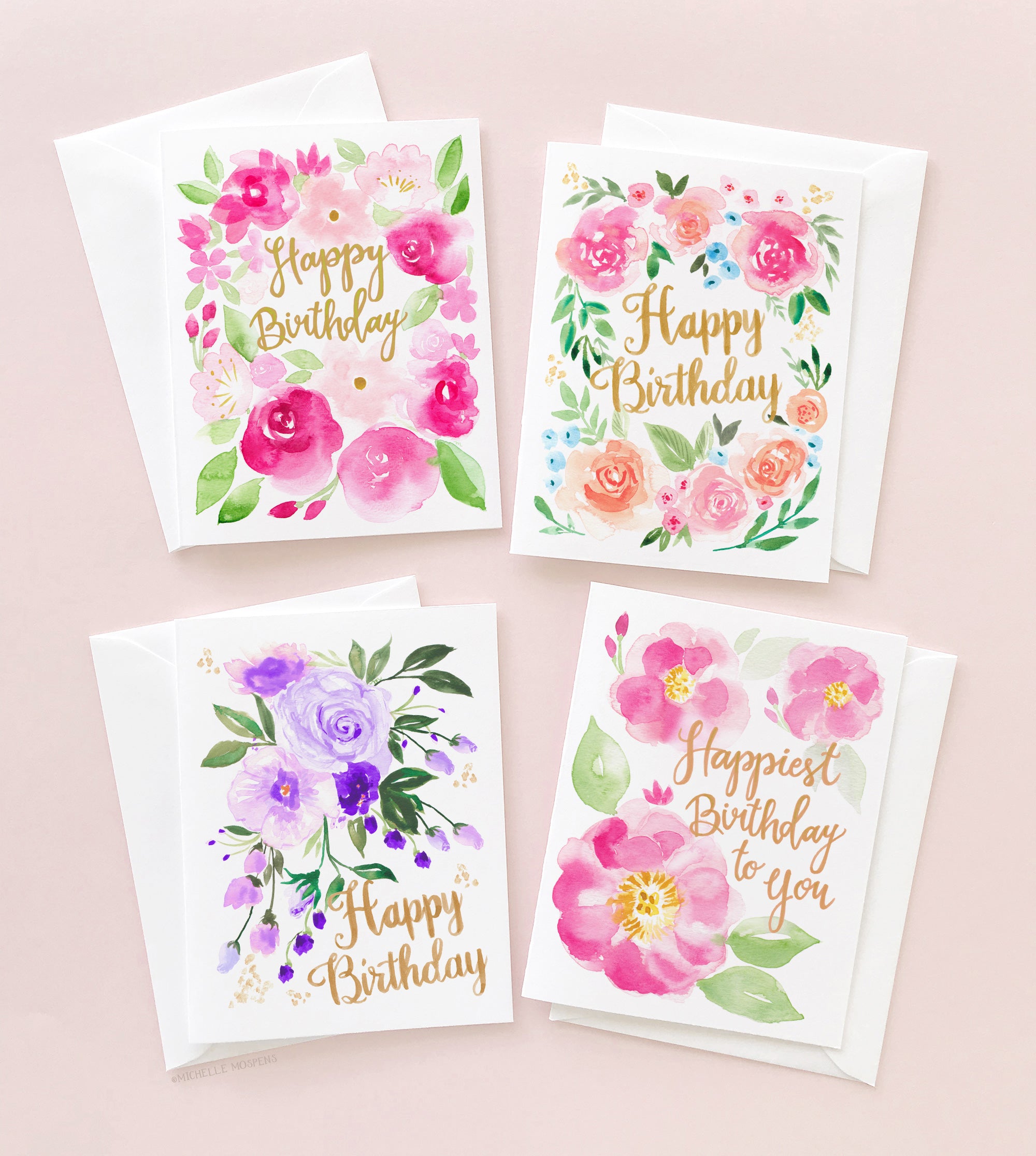Cute Illustrated Birthday Cards: Bulk Watercolor Floral Greeting Cards Set of 4