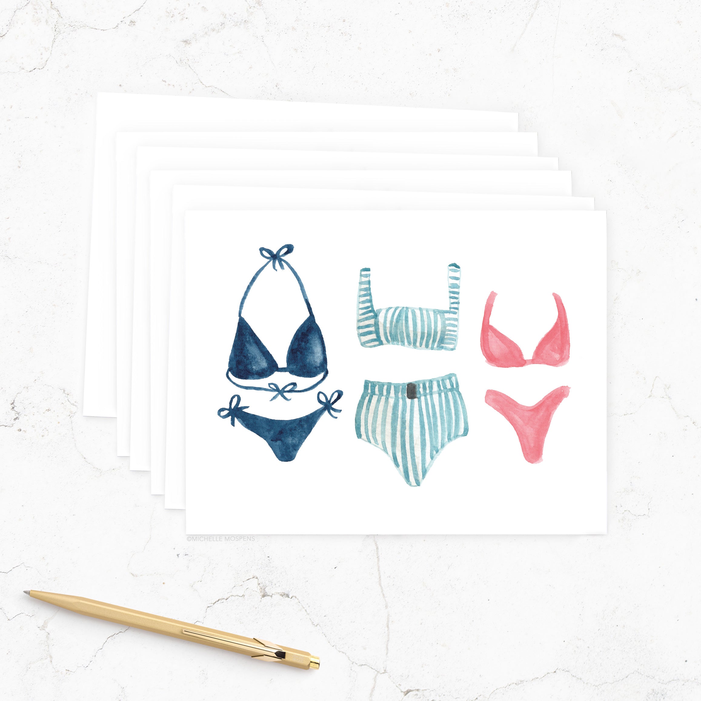 Set of Illustrated Beach Theme Note Cards: Cute Watercolor Bikini Swimsuits Thank You Cards Stationery Notecards (Stationary)